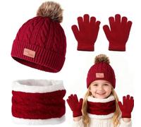 Invierno Set de Gorro bufanda guantes para Niños,3 piezas Sombreros de Caliente Punto con Algodón Grueso y Cálido Bufanda de Sombrero Suave Elástica Térmica 3 en 1-Rojo