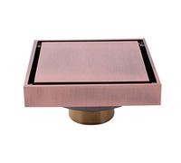 Invisible Shower Floor Drain Tile Insert 4 Inch Square Shower Floor Drain Removable Cover, Brass Bathroom Drainer with Hair Strainer for Kitchen Washroom Garage Basement(Red)
