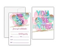 Invitaciones de cumpleaños con globo arcoíris para 5º cumpleaños, tarjetas de invitación de fiesta de cumpleaños con purpurina dorada para niños, recuerdos de fiesta de 5º cumpleaños y suministros de celebración (20 juegos de invitaciones con sobres)-01