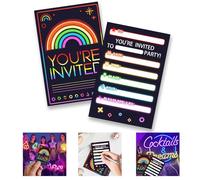 Invitaciones de fiesta de neón - 20 invitaciones de cumpleaños con temática de arcoíris brillante | Diseño de neón vibrante, tarjetas rectangulares | Invitaciones de fiesta de cumpleaños infantiles,