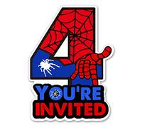 Invitaciones para fiesta de cumpleaños número 4 con purpurina, diseño de superhéroe de 4 años, con forma de cumpleaños, con sobres, juego de 20