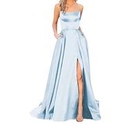 Invitada de boda para mujer, vestidos largos elegantes sin espalda, vestido largo de satén con abertura lateral, vestido de noche de boda con bolsillos, vestidos largos de otoño y verano, azul claro