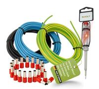 INVOLT H07V-K - Cable de cableado (10 mm², cable individual de 1 m, color azul y verde y amarillo + 3 m de color negro con 20 casquillos, juego de cableado para armario contador, incluye comprobador