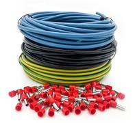 INVOLT Juego de Cables H07V-K con 100 Punteras Estanadas, Cable de Cobre 10 mm², 3 x 15 m Cables Individuales, Negro, Azul, Verde-Amarillo, Conforme VDE, Fabricado en Alemania