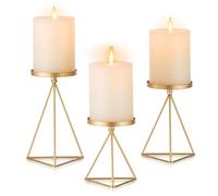 Inweder Portavelas para Velas de Pilar: 3 Piezas Portavelas de Oro Candelabro Geométrico Bandeja Vintage para Velas Portavelas de Metal para Centro de Mesa Chimenea Boda Navidad Decoración del Hogar