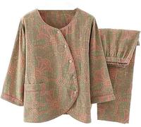 INXKED Women Sleepwear Vintage Jacquard Round Neck Button Cotton Loungewear Set, Long Sleeve Cotton Sleepwear (M,01)