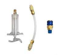 Inyector de aceite profesional de 30 ml para R134a con acoplamiento rápido lateral bajo, compatible con la mayoría de sistemas de CA, manguera flexible y adaptadores