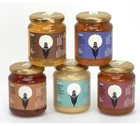 IO APE - Selección de mieles orgánicas del lago de Como - (5 x 500 g) Acacia, Castaño, Tilo Cremoso, Millefiori, Millefiori Summer - Esparcidor de miel