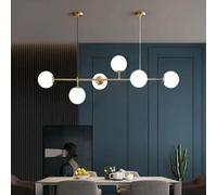IOEDHW Lámpara Colgante de Cristal Moderna de Mediados de Siglo, 6 Luces lámpara Colgante Dorada con Vidrio Blanco Globo, lámparas Colgantes de Altura Ajustable para Comedor Sala De Estar Cocina
