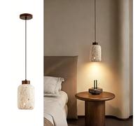 IOEDHW Lámpara colgante de travertino natural - Lámpara colgante Wabi Sabi con madera nogal 10 W bajo consumo, pantalla de piedra de 13 x 19 cm - 3 opciones de color o luz cálida para isla de cocina