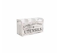 Ioensy Organizador de Utensilios de Cocina Caja Dividida Cubiertos Soporte Cubertería Porta Cubiertos Madera Maciza para Tenedores Cucharas Cuchillos, Blanco