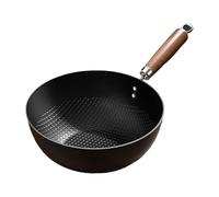 Ioensy Sartén Wok de Hierro Fuerte y Fondo Plano Permite un Calentamiento Uniforme Mango en Madera Cómodo al Tacto Fácil Mantenimiento sin Capa, 26cm