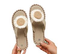 IOEUIWP Little Daisy Women's Linen Flip Flop Open Toe Lightweight Flat Casual Sandals Outdoor Beach Shoes Para interior y exterior(Khaki,36)