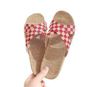 IOEUIWP Women's Breathable Linen Slippers Soft Sole Indoor For All Seasons Simple Versatile Home Wear Sandals Para interior y exterior(Grid red,35-36)