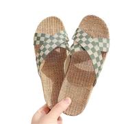 IOEUIWP Women's Breathable Linen Slippers Soft Sole Indoor For All Seasons Simple Versatile Home Wear Sandals Para interior y exterior(Grid green,35-36)