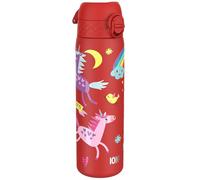 ion8 Botella Agua Inox Ligero, 600ml, Sin Aislamiento, a Prueba de Fugas, Fácil de Abrir, Aptas para Lavavajillas, Cerradura Segura, Fácil de Limpiar, en Relieve, Unicornios, Rojo