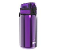 Ion8 Botella Agua Acero Inoxidable para Niños, 400ml, a Prueba de Fugas, Fácil de Abrir, Cerradura Segura, Apta para Lavavajillas, Tapa Abatible, Asa de Transporte, Morado Metálico