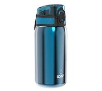 Ion8 Botella Agua Acero Inoxidable para Niños, 400ml, a Prueba de Fugas, Fácil de Abrir, Cerradura Segura, Apta para Lavavajillas, Tapa Abatible, Asa de Transporte, Fácil de Limpiar, Azul Metálico