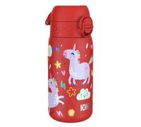 ION8 Botella Agua Inox Ligero para Niños, 400ml, Sin Aislamiento, a Prueba de Fugas, Fácil de Abrir, Cerradura Segura, Apta para Lavavajillas, Tapa Abatible, Fácil de Limpiar, Unicornios Rojo