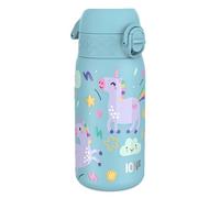 ion8 Botella Agua Inox Ligero para Niños, 400ml, Sin Aislamiento, a Prueba de Fugas, Fácil de Abrir, Cerradura Segura, Apta para Lavavajillas, Tapa Abatible, Fácil de Limpiar, Unicornios, Azul