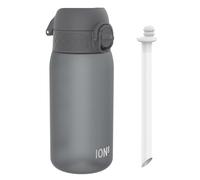 ion8 Botellas de Agua para Niños con Pajita, 350ml/12 oz, a Prueba de Fugas, Fácil de Abrir, Seguro, Apta para Lavavajillas, Sin BPA, Asa de Transporte, Tapa Abatible Higiénica, Fácil Limpieza, Gris