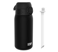 ion8 Botellas de Agua para Niños con Pajita, 350ml/12 oz, a Prueba de Fugas, Fácil de Abrir, Seguro, Apta para Lavavajillas, Sin BPA, Asa de Transporte, Tapa Abatible Higiénica, Fácil Limpieza, Negro