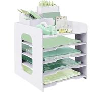 IOUGDSEC Bandeja organizadora de escritorio con bandejas de archivo, bandeja de papel de 5 niveles con soporte para bolígrafos para escritorio de oficina, organizador de escritorio A4, soporte de