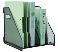 IOUGDSEC Soporte de metal para archivador de escritorio con 4 compartimentos verticales, soporte para documentos A4 con asa, estante de archivos de escritorio duradero de malla para oficina, escuela y