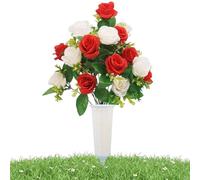 Iouyjiu Artificial Cemetery Flowers - Memorial Floral Arrangement for Grave Decoration | Silk Bloom Bouquet with Vase Stake, Weather Resistant Display for Outdoor Garden Patio Yard Funeral Tributes
