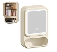 Iouyjiu Bathroom Mirror Cabinet, Storage Organizer Mirror, Led Lights Feature, Magnetic Door Dispenser, Modern Bathroom Decor for Shampoo Makeup, 42x28x11.5cm Light White Yellow