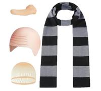 Iouyjiu Men Halloween Costume Set, 4X Adult Accessories Pack, Striped Scarf Bald Wig Fake Nose Hat, Funny Parties Headwear Kit, Complete Outfit for Halloween Event Use 400g
