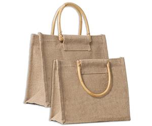 IPEA 2x Bolsa de Yute Natural con Asas de Madera para Compras, Pasar y Tiempo Libre - 2 Piezas - Shopper en Yute Real - Bolso Tote para Noche, Mar, Playa, Salidas - Elegante Diseño Retro - 26 x 23 cm