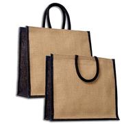 IPEA 2x Bolsa de Yute Natural con Asas Negras para Compras, Pasar y Tiempo Libre - 2 Piezas - Shopper en Yute Real - Bolso Tote para Noche, Mar, Playa, Salidas - Elegante Diseño Retro - 38 x 35 cm