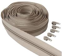 IPEA Cremallera Continua Beige - Larga 5 metros + 15 Cursores de Metal - Cadena #5 - Fabricado en Italia - Cremallera Infinita de Nylon para Costura - Cortable - Color Beige
