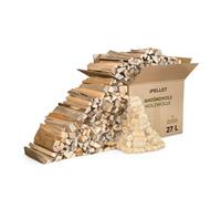 iPELLET Leña de pino, caja de 27 litros (aprox. 7 kg) con encendedores de lana de madera, producto natural, encendedor para estufa, barbacoa y hoguera