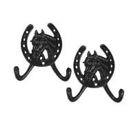Ipetboom 2 Piezas Ganchos de Pared de Hierro Fundido Negro de Gancho Doble Estilo Vintage con Cabeza de Caballo y Herradura Perchas Rústicas para Entrada Cocina y Dormitorio