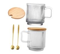 Ipetboom 2Juegos Tazas de Café de Vidrio con Asa y Tapa de Incluye Cucharas para Leche y Café para Casa y Oficina
