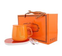Ipetboom Calentador de Tazas USB 5v con Apagado Automático, Taza de Cerámica Naranja de 1 Juego para Café y Té, Calentador Eléctrico Portátil para Oficina y Hogar, Obsequio Práctico
