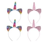 Ipetboom Diadema para Unicornio 4 Piezas Orejas de Gato y Lentejuelas Bicolor, Banda Pelo de Fiesta y Cosplay, Accesorio para Cumpleaños y Disfraz