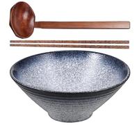 Ipetboom Juego de Cuencos Japoneses para Ramen 23 Cm de Cerámica Azul con Palillos de Madera de Ala de Pollo y Cuchara de Madera sin Fugas, Vajilla Multifuncional para Restaurante y Hogar