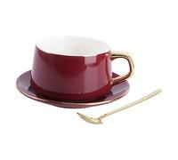 iplusmile 2 piezas Tazas de Café de Cerámica con Plato Nórdico Diseño para Té Tarde Capacidad Colores Verde y Vino Rojo para Hogar y Oficina