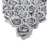 IPOPU AONELAS - 25 Rosas Artificiales de Espuma con Purpurina, Rosas de Espuma con Tallo para Bricolaje, Boda, Ramo de Novia, decoración del hogar, Fiesta, Navidad (Plateado)