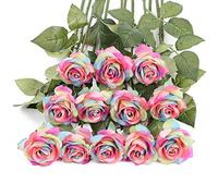 IPOPU Ramo de 12 Rosas Artificiales de Arco Iris, Rosas Artificiales de Tacto Real, Flores de Seda para decoración Floral, hogar, Boda, Fiesta, jardín, Ramos de Novia (arcoíris)