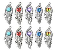 Ipotkitt 10 dijes de 5 colores de aleación de plata envejecida y plumas de cristal con diseño de pluma de mal de ojo grande para hacer joyas, manualidades, pulseras, collares, llaveros, decoración del