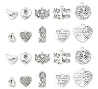 Ipotkitt 100 Piezas 10 Estilos Dijes Vintage con Tema del Día de la Madre, Dijes Antiguos de Corazón de Plata con Palabras, Dijes Lindos de Huella de Pie, Dijes Pequeños de Metal para Hacer Aretes