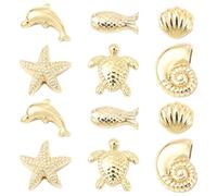 Ipotkitt 12 cuentas de latón de 6 estilos de animales marinos, delfín, estrella de mar, peces, concha de tortuga, cuentas espaciadoras para manualidades, pulseras, collares, aretes, llaveros