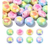 Ipotkitt 30 cuentas redondas planas acrílicas coloridas con patrón de flores, cuentas espaciadoras de dos tonos de resorte sueltas para regalo de bricolaje, llavero, bolsa, pulsera, fabricación de