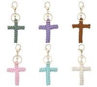 Ipotkitt Varios llaveros esmaltados con diseño de flores, corazón, amor, cruz, frutas, Inster, ojo de animal, Pascua, llaveros para decoración colgante de festividades, 6 llaveros de cruz tejida