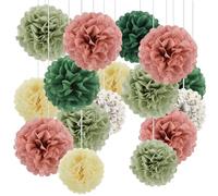 ipow 16 Piezas Pompones de Papel Decorativa, Flores de Pompones Verde Rosa, Pompones Decoración Multicolor, Decoración DIY para Boda Fiesta Cumpleaños