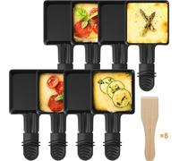 ipow Juego de 8 Sartenes Cuadradas para Raclette con Mangos Negros + Palas de Madera - Antiadherente, 18.35x9.23cm, Parrilla Eléctrica Universal
